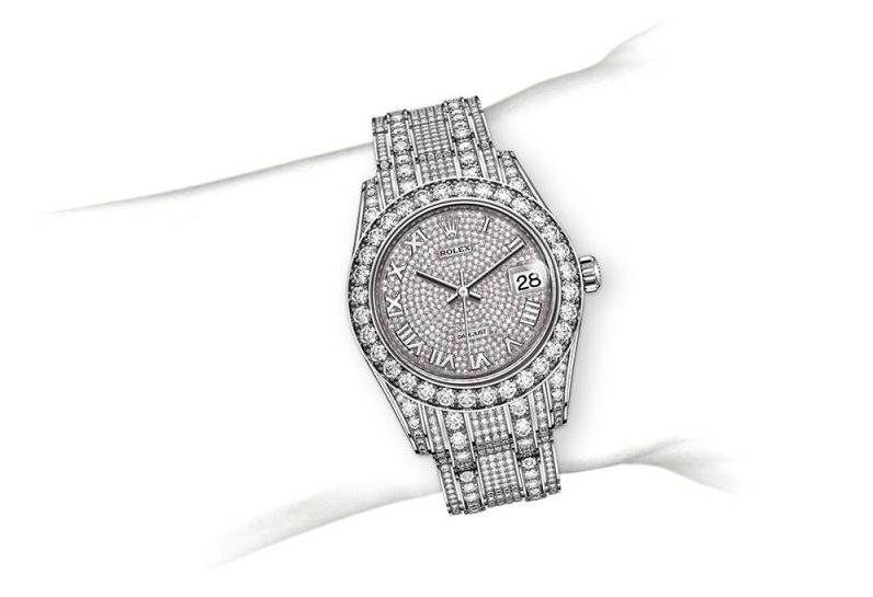 The 18k white gold copy watches are decorated with diamonds.